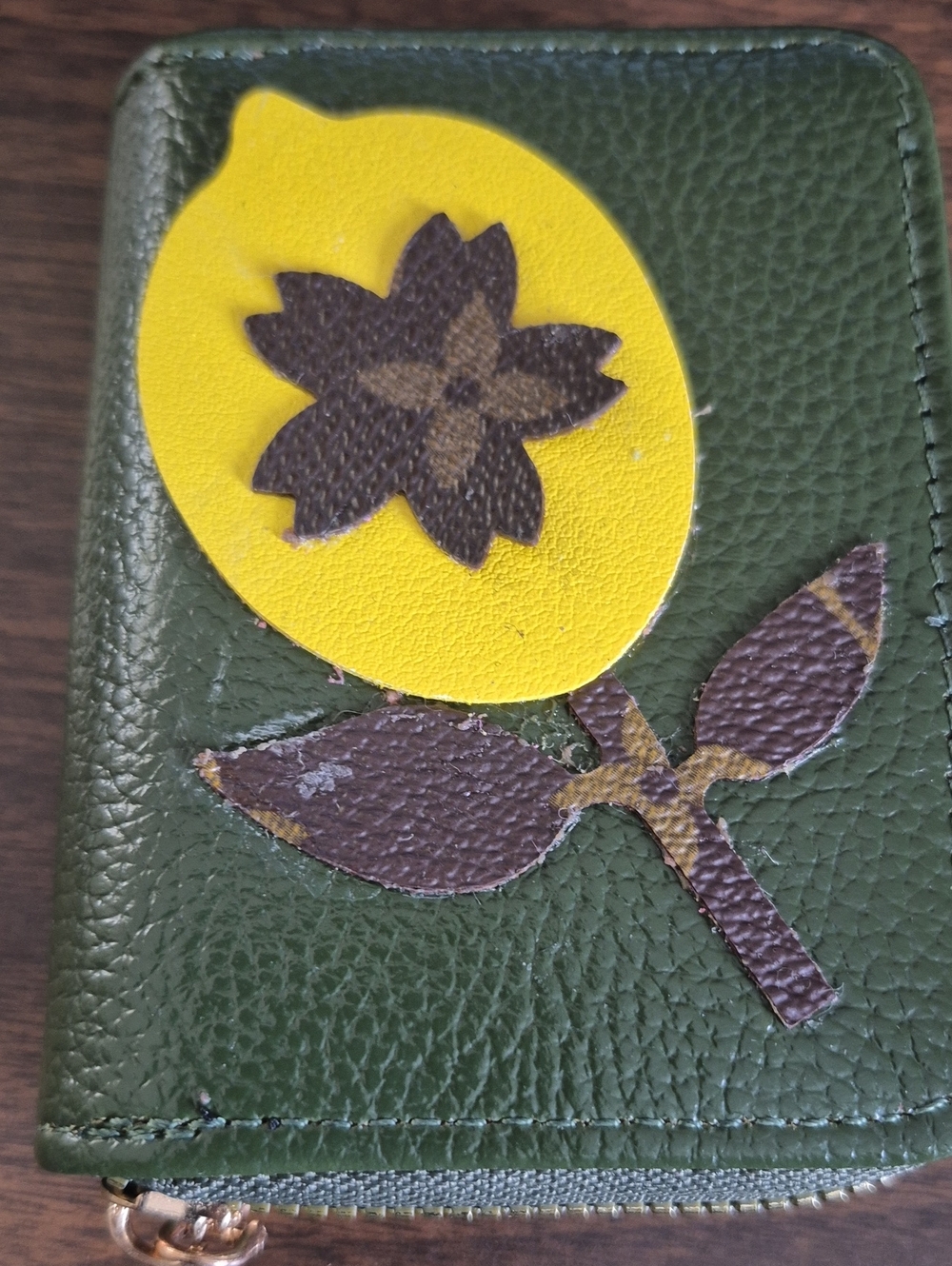 New Leather Floral Zip Wallet in Green and Yellow